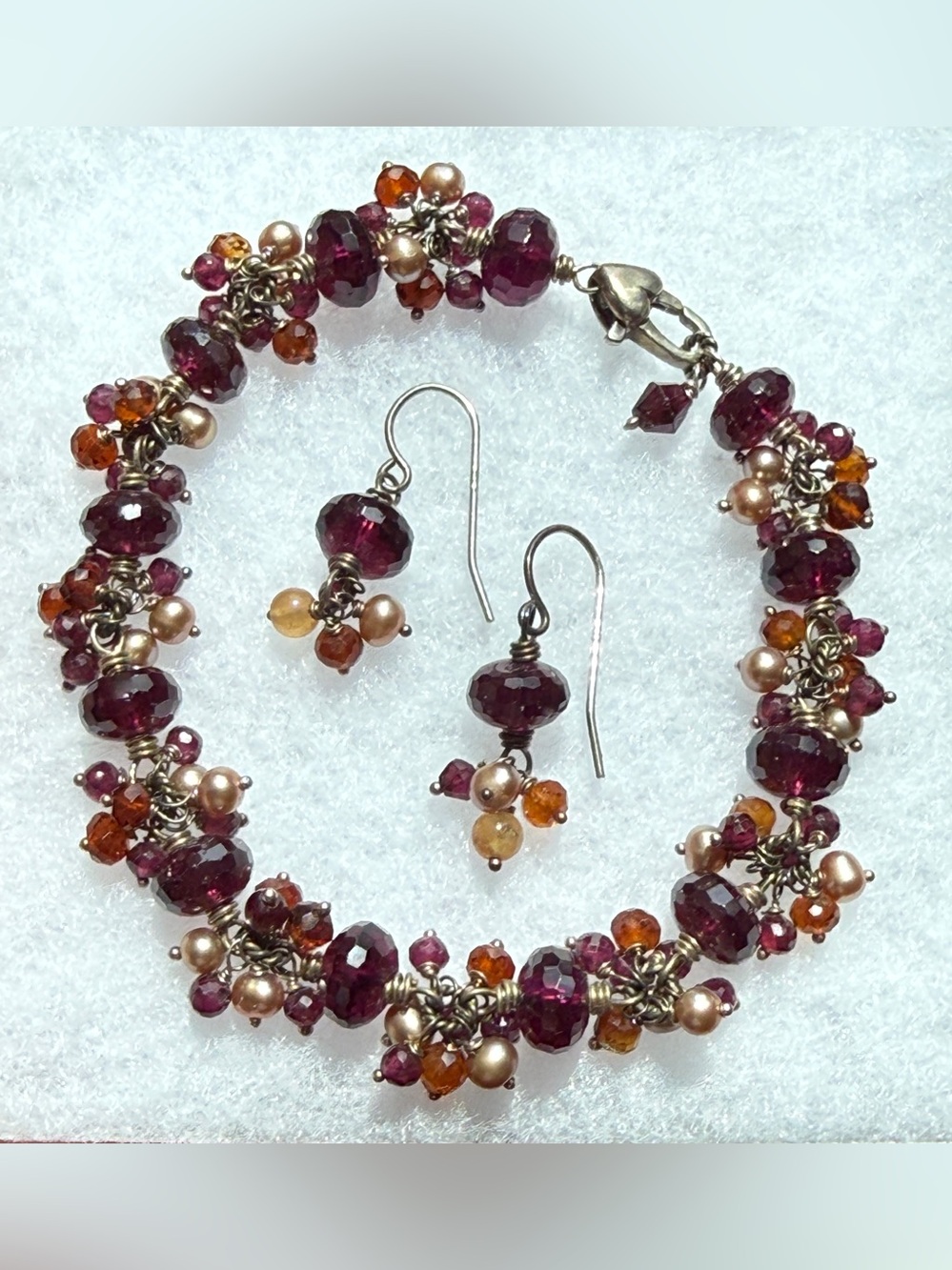 Garnet and Pearl Cluster Bracelet with Matching Earrings - Deep Red
